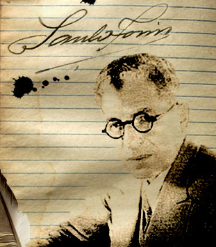 Vista de detalle de la página de inicio del archivo digital de Saulo Torón, con una fotografía del poeta, un tintero con pluma, gafas y firma sobre un cuaderno pautado, en tonos sepia