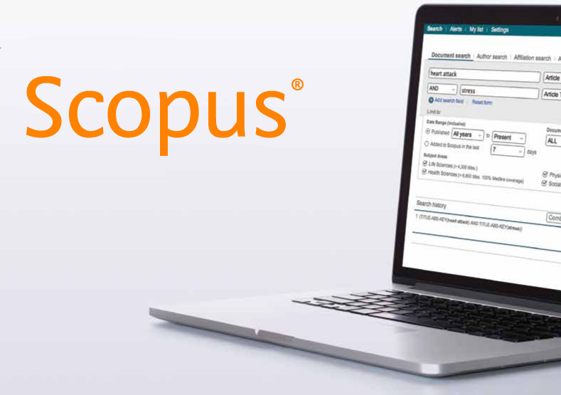 Logo de Scopus junto a ordenador portátil con página de búsqueda en el portal Scopus en la pantalla