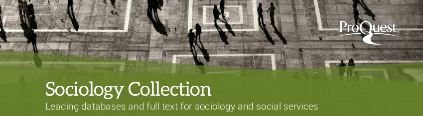 Perspectiva de una plaza púbica con personas interactuando y el texto Sociology Collection: Leading databases and full text for sociology and social services