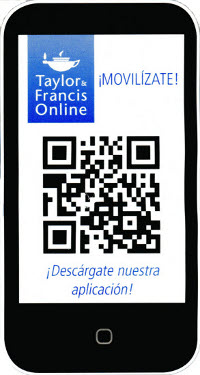 Imagen de un teléfono móvil inteligente, en vertical, con el logo de Taylor & Francis Online y un código de barras tridimensional, en blanco y negro, para su lectura por cámaras de teléfonos móviles
