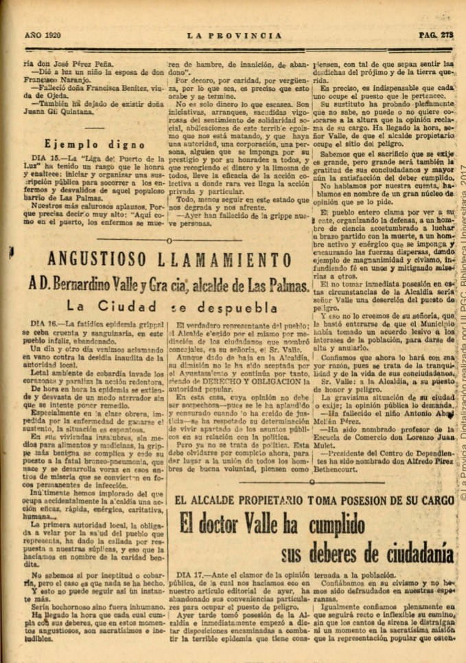 La ciudad se despuebla. Angustioso llamamiento a D. Bernardino Valle y Gracia, alcalde de Las Palmas (1920)