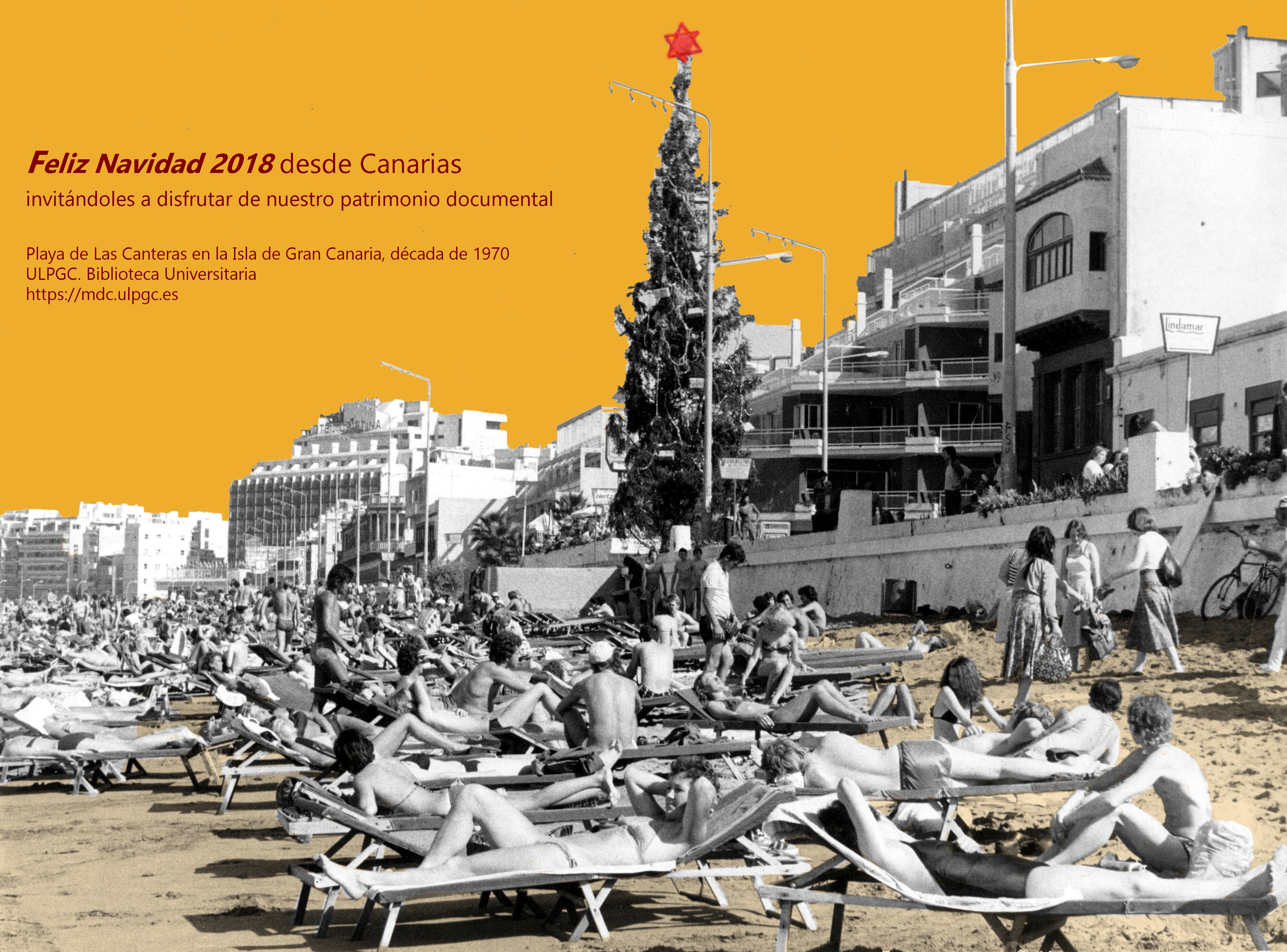 Feliz Navidad 2018 desde Canarias invitándoles a disfrutar de nuestro patrimonio documental. Playa de Las Canteras en la Isla de Gran Canaria, década de 1970. Memoria digital de Canarias (mdC)