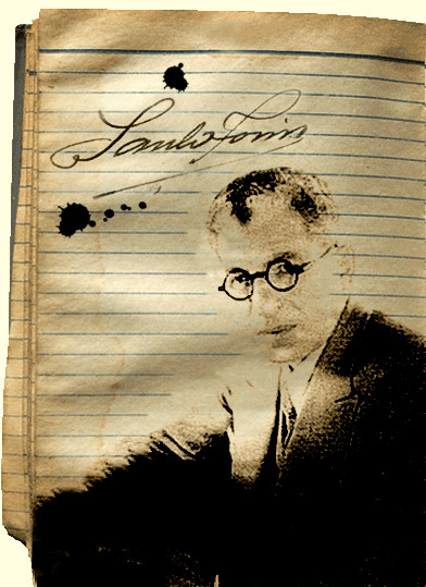 Vista de la foto de Saulo Torón con traje y gafas redondas superpuesta a la página de un cuaderno pautado con su firma manuscrita