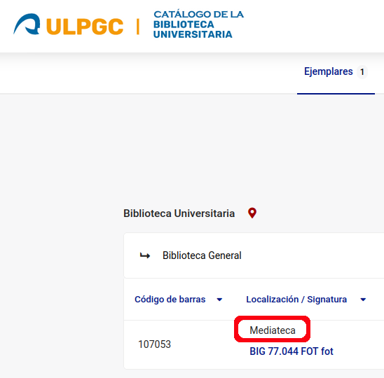Sección de registro bibliográfico con información de localización con el texto Mediateca.