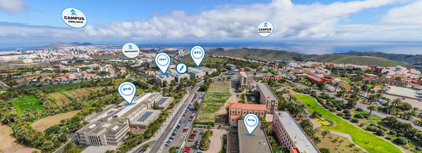 Vista de un mapa en tres dimensiones con iconos señalando la ubicación de distintos edificios y campus.