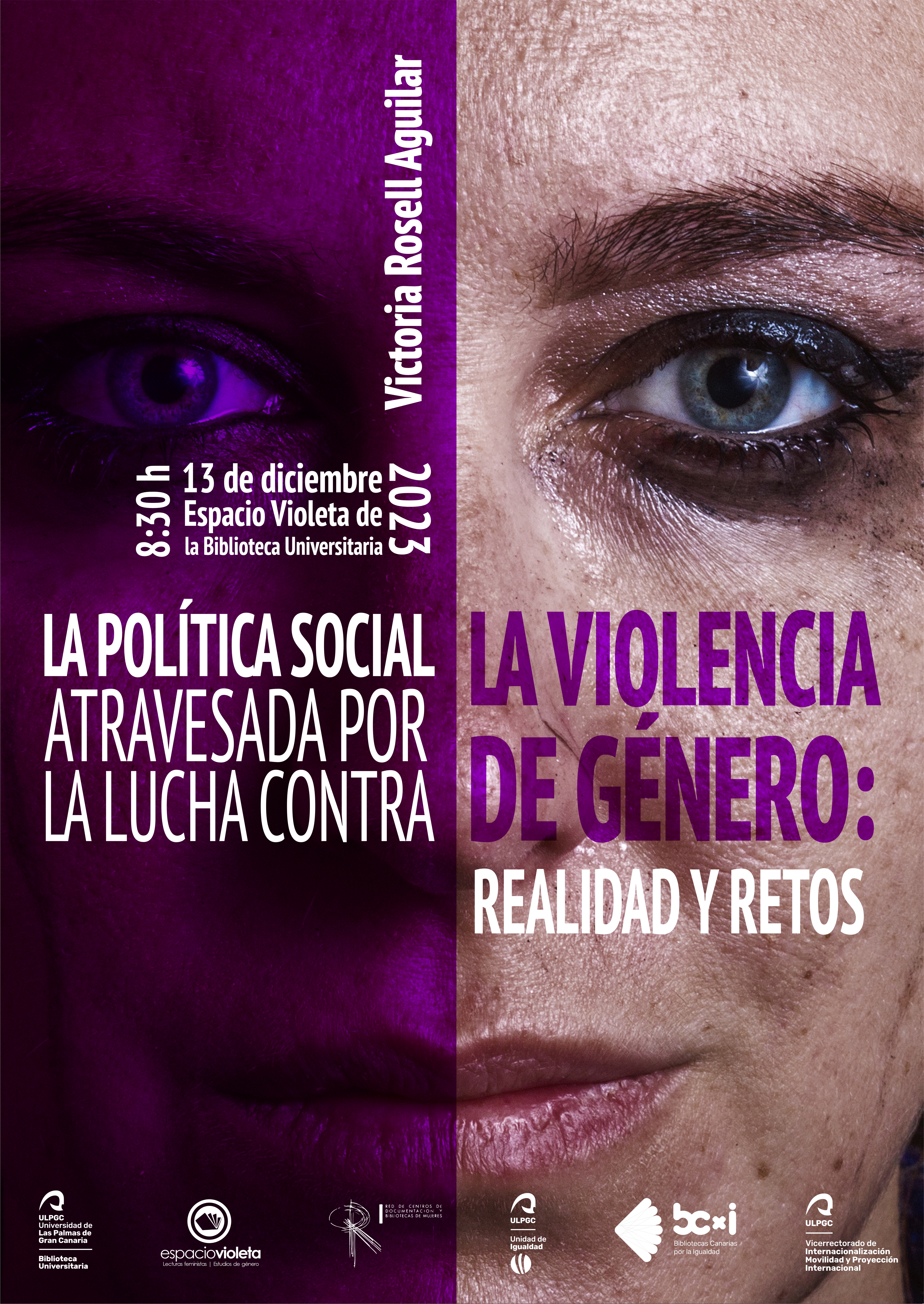 Cartel de la charla con imagen de primer plano de mujer con ojo morado y título de la charla, más logos