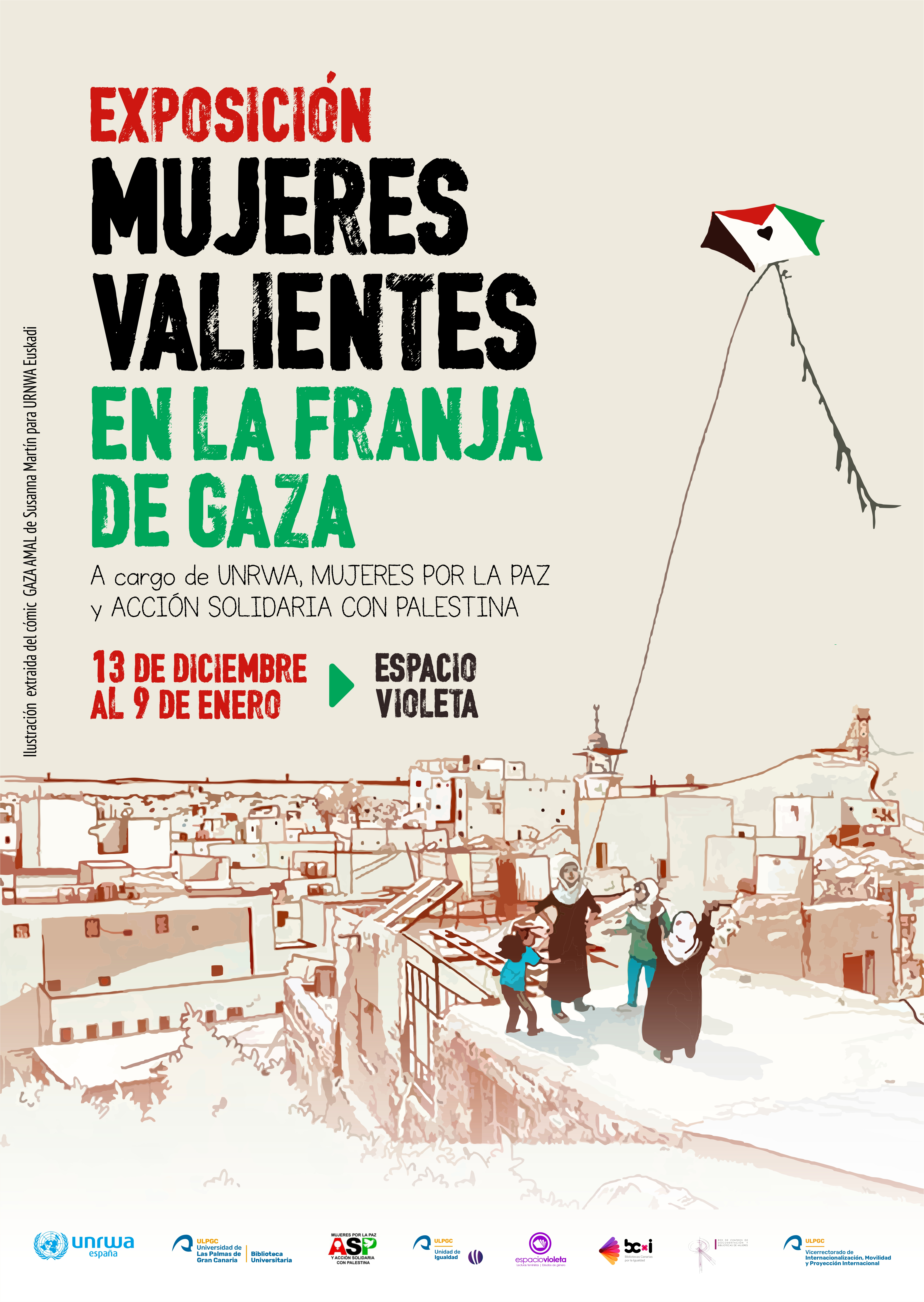 Cartel exposición de "Mujeres valientes en Gaza" con imagen dibujada de Gaza y tres personas en una azotea volando una cometa de la bandera palestina