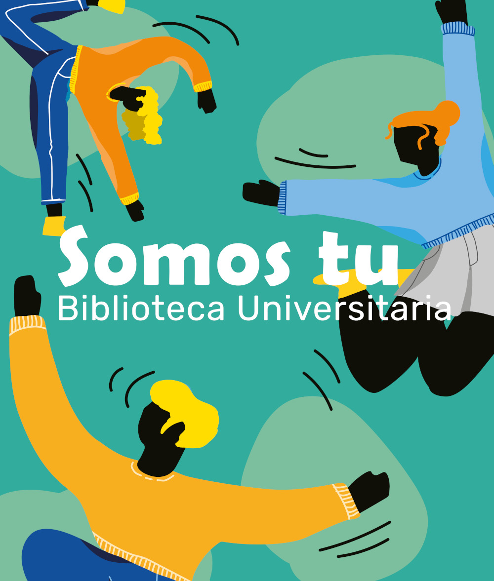 Dibujo de tres personas en movimiento con texto "Somos tu Biblioteca Universitaria"