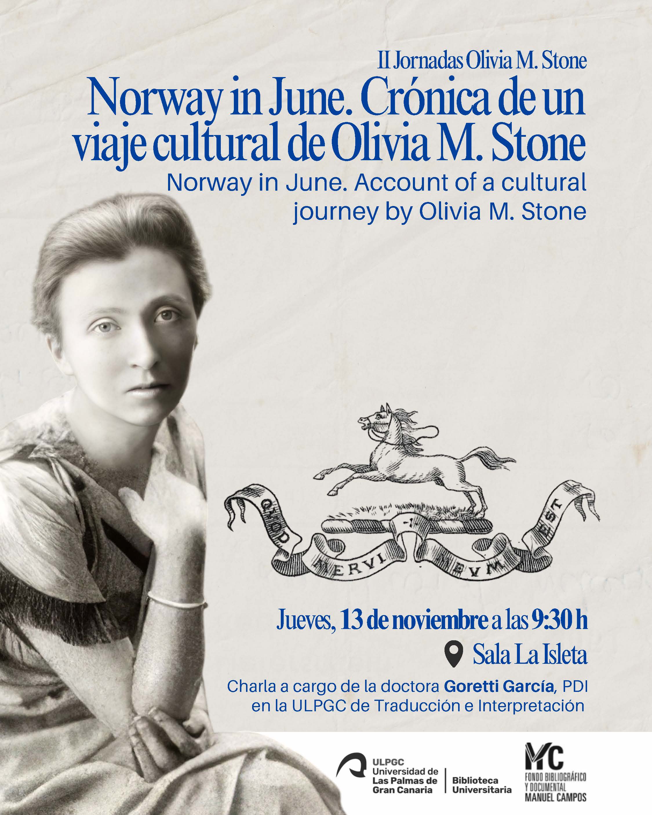 Cartel con dibujo de mujer con vestido de época y escudo con caballo corriendo sobre lema Qvod Mervi Mevm Est