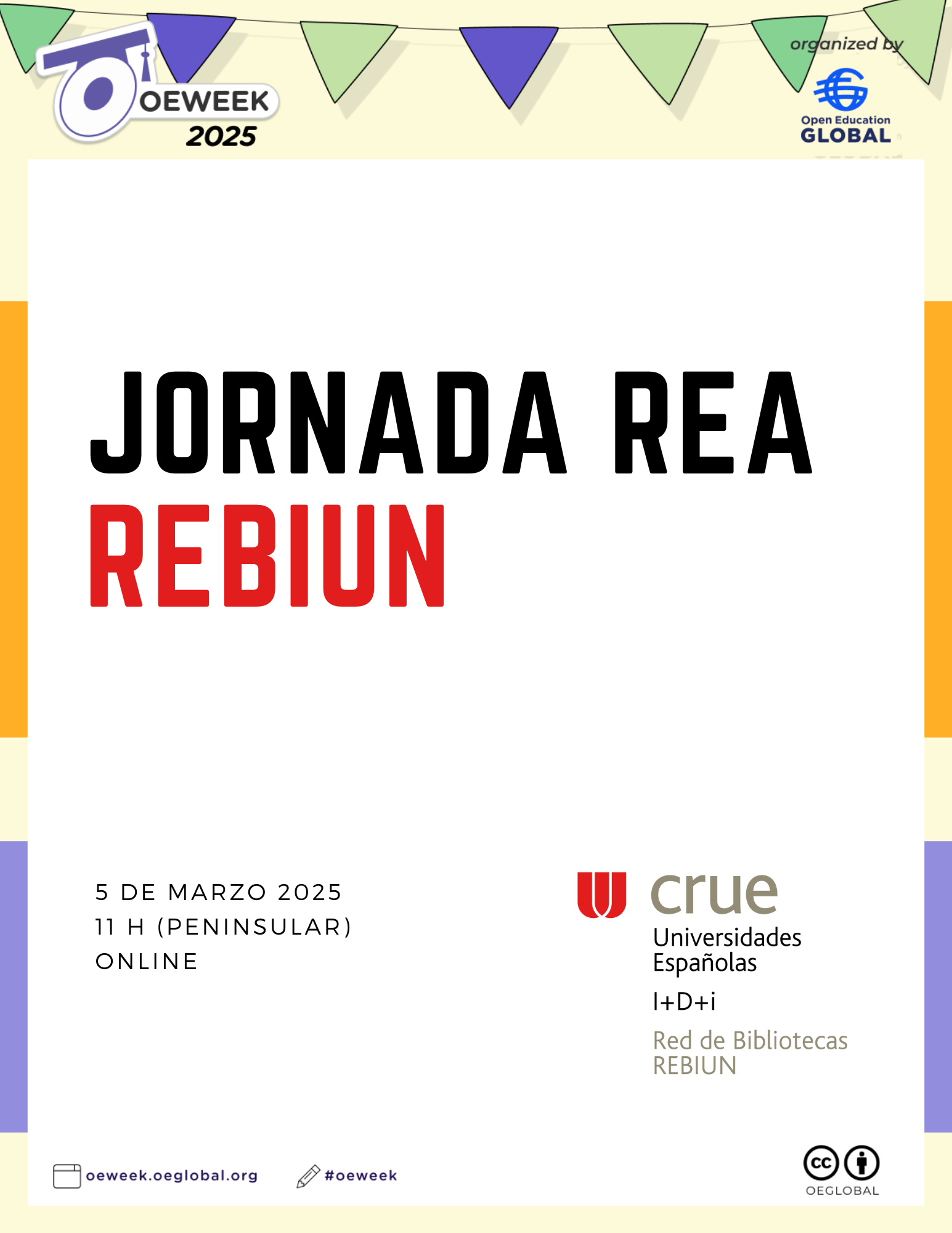 Cartel Jornada REA Rebiun decorado con banderitas.