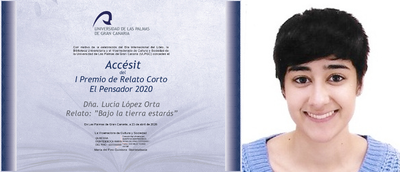 Foto de Lucía López Orta con imagen del certificado del Accésit del Premio de Relato Corto "El Pensador" 2020