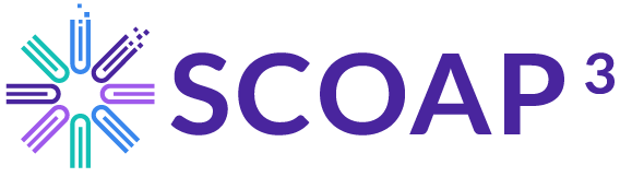 Logotipo de Scoap3, formado con formas idealizadas de 8 libros de pie, vistos desde arriba, formando un círculo con sus lomos en el interior; de dos de los libros borbotea contenido, semejando tubos de ensayo