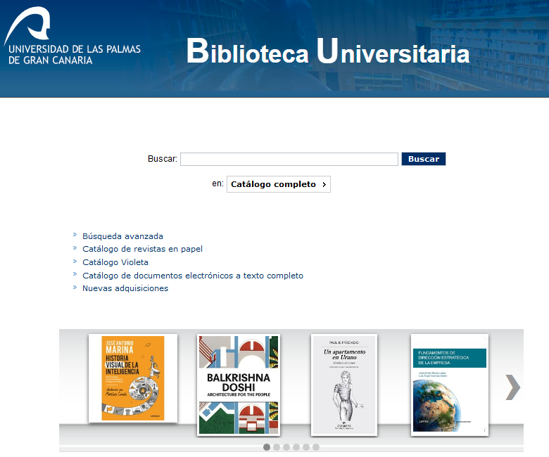 Vista de la página de inicio del Catálogo de la Biblioteca Universitaria de la ULPGC