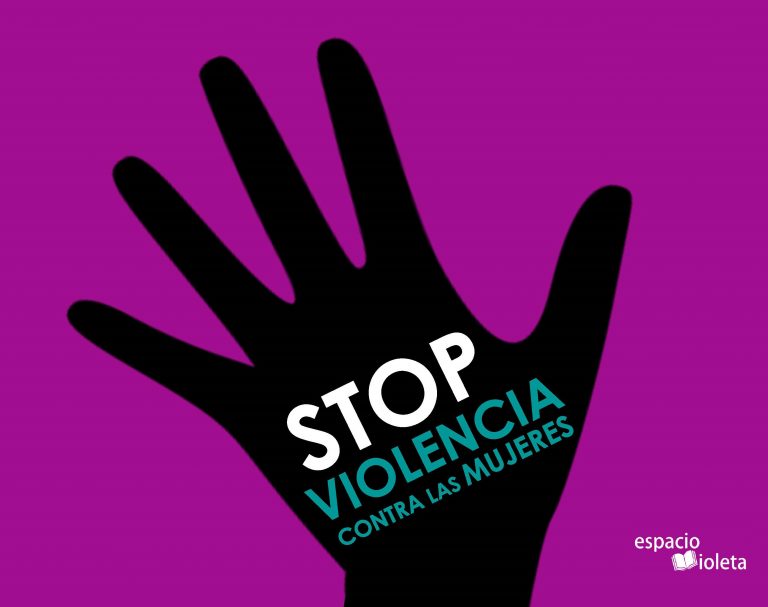 Silueta en negro sobre violeta de la palma abierta de una mano con el texto Stop violencia contra las mujeres y el icono Espacio Violeta
