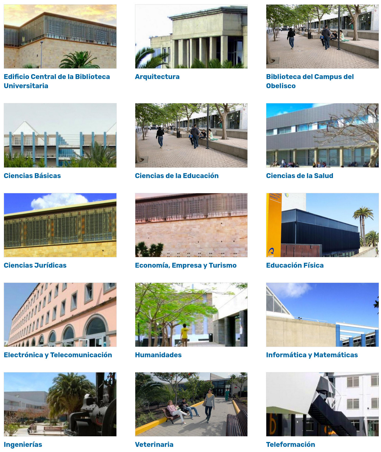 Vista de la página Bibliotecas de la web de la Biblioteca Universitaria, con la lista de las bibliotecas temáticas con una imagen de cada edificio