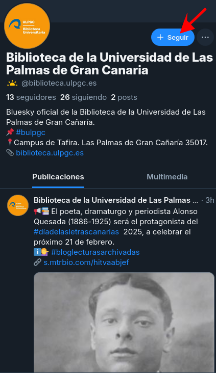 Vista de la pantalla de inicio del perfil de la Biblioteca de la ULPGC en BlueSky