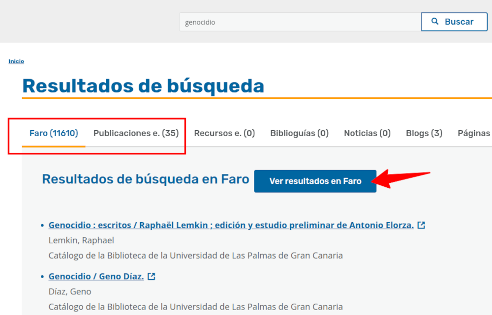 Se muestra un buscador web. En la caja de búsqueda la palabra "genocidio", y en resultados se destacan las secciones Faro y Publicaciones electrónicas.