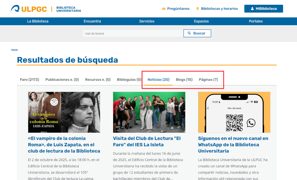 En una caja de búsqueda se muestra el texto "club de lectura" y bajo el epígrafe resultados, se señalan los apartados Noticias, Blogs y Páginas