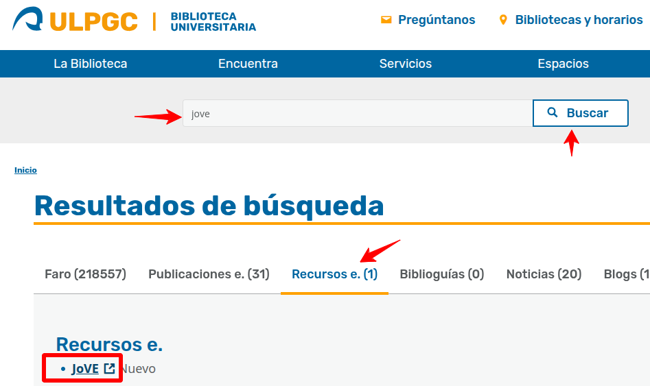 Buscador con la palabra Jove en la caja de búsqueda y con un resultado de búsqueda, Jove, en la pestaña Recursos e.