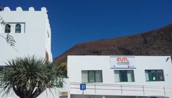 Edificios blancos con volcán al fondo y drago en primer plano.
