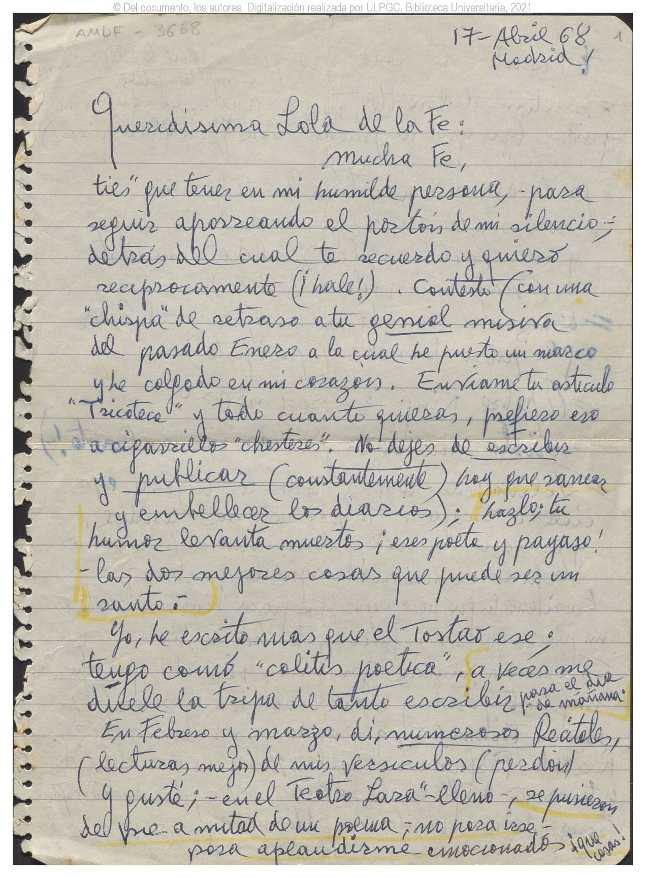 Primera página de una carta manuscrita de Gloria Fuertes a María Dolores de la Fe