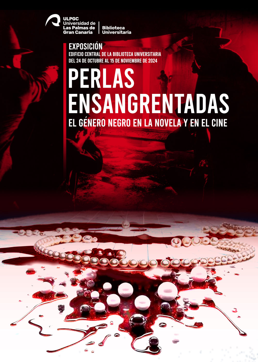 Collar de perlas roto en el suelo sobre manchas de sangre. Al fondo, escena de tiroteo entre dos hombres con rifles y uno con revólver vestido con traje y sombrero.