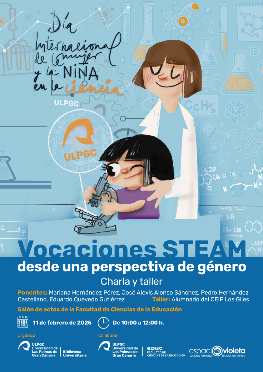 Niña mirando por un telescopio, junto a una mujer con una bata blanca. Al fondo, fórmulas químicas, probetas, pipetas... 