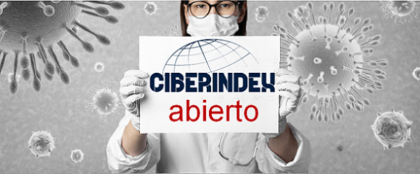 Enfermera sosteniendo un cartel con el texto "CIBERINDEX abierto"