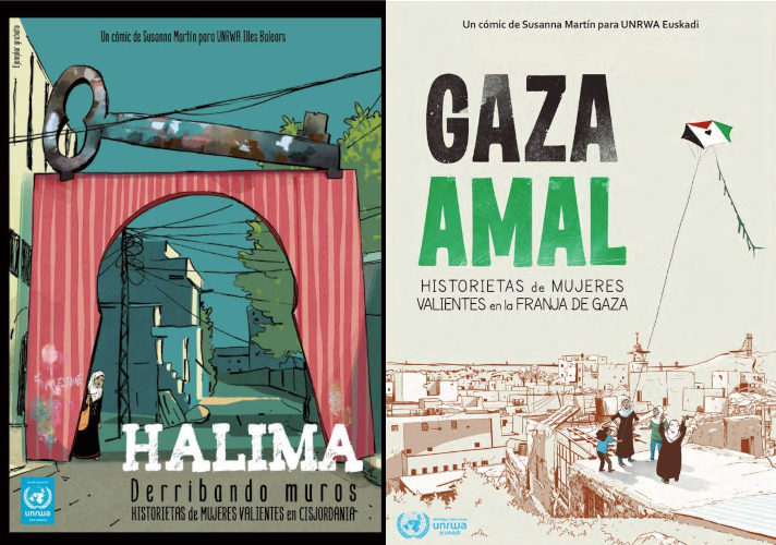 Cubiertas de los dos cómics: Halima, derribando muros y Gaza, Amal.