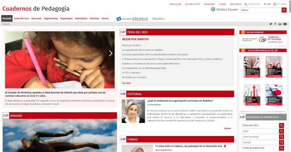 Vista de la página de inicio del portal Cuadernos de Pedagogía. Una de las noticias se acompaña de la foto cenital de una niña escribiendo.
