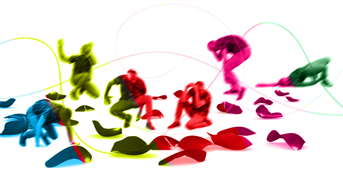 Secuencia de 4 posturas de danza de una persona entre pétalos de flor sobredimensionados