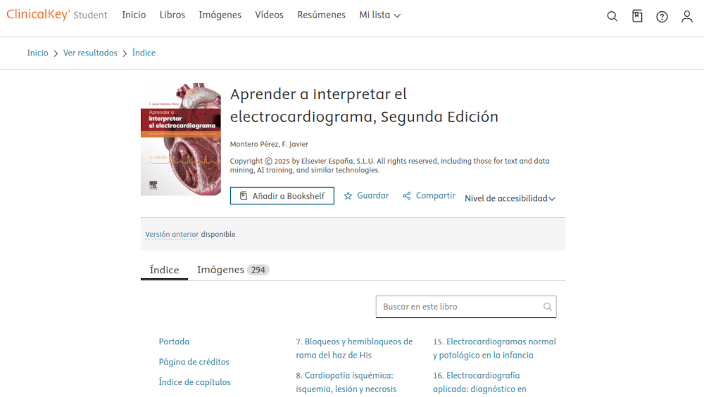 Vista de un libro de medicina en el portal ClinicalKey Student