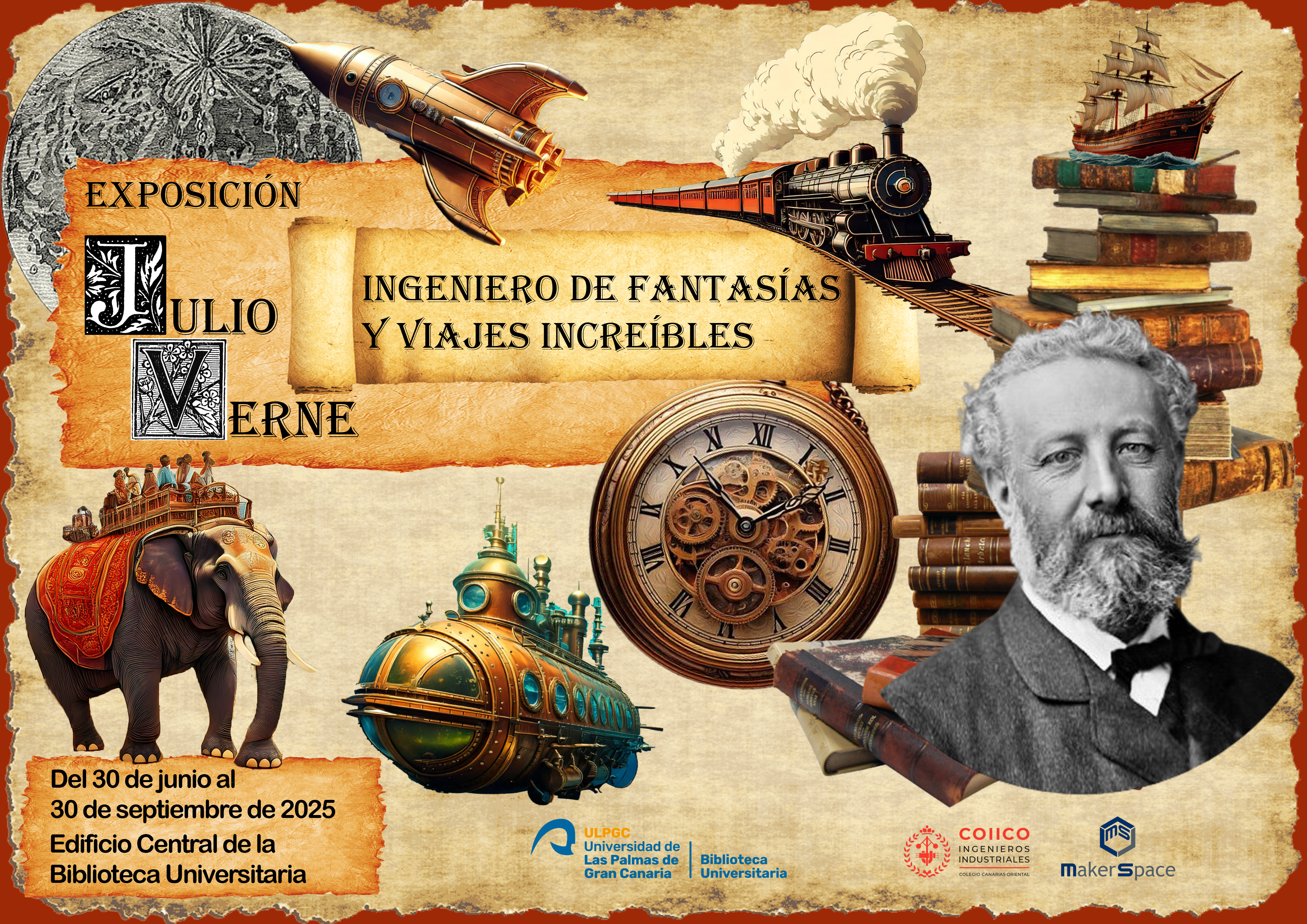 Diversos motivos literarios de Julio Verne: submarino, mapa, retrato de Julio Verne, etc.