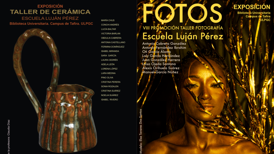 Cartel exposición talleres de cerámica y fotografías de la Escuela Luján Pérez, con imagen de mujer negra y cerámica de jarra