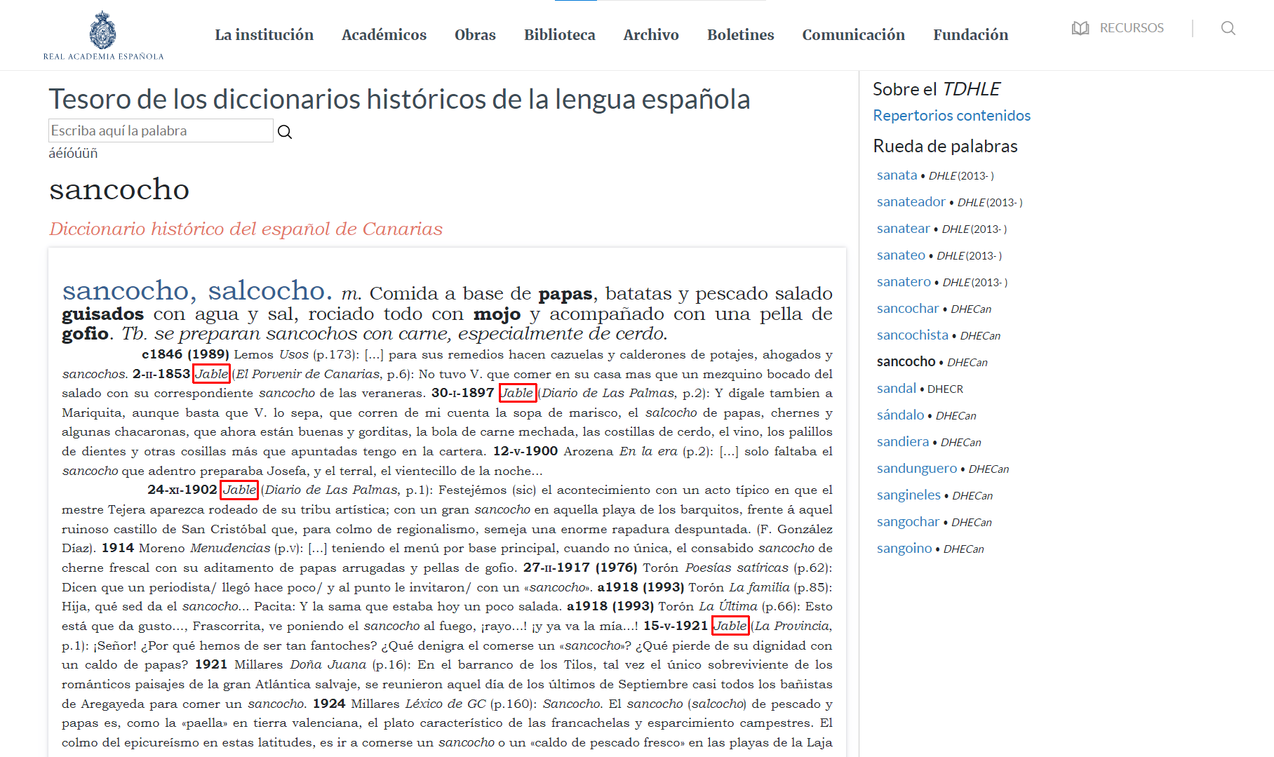 Vista de la entrada "sancocho" en el portal Tesoro de los diccionarios históricos de la Lengua Española, donde se marcan en rojo las apariciones de "Jable" como fuente."