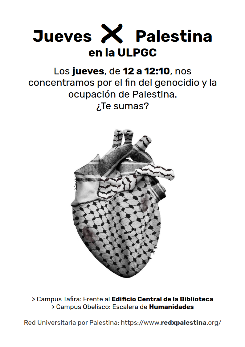 Imagen de un corazón cubierto con el patrón del pañuelo árabe o cufiya con el texto de la convocatoria Jueves X Palestina