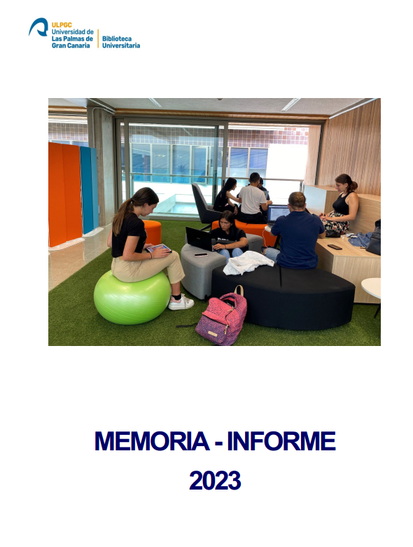 Portada de la memoria, con una foto de sala de biblioteca con personas reunidas o con ordenador portátil o tableta en mobiliario moderno: césped, gradas, sillones, pufs.