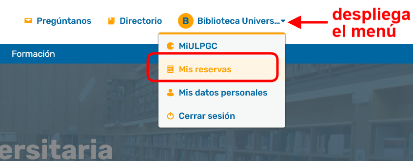 Una flecha indica dónde desplegar el menú de opciones de la cuenta en la web de la biblioteca y rodea con un rectángulo la opción Mis reservas