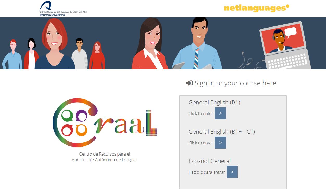 Imagen de la pantalla de inicio del portal Net Languages con los diferentes accesos a los cursos
