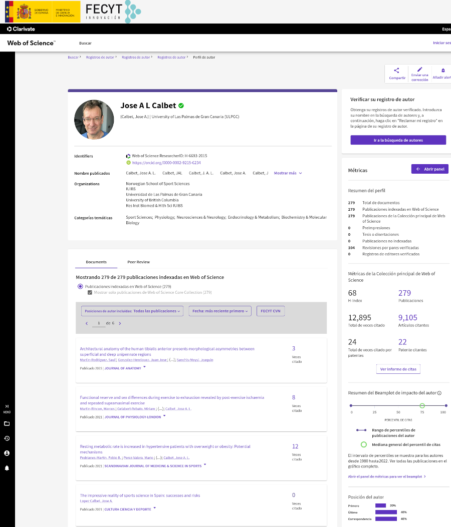 Vista de una captura de pantalla del registro de un autor en la Web of Science
