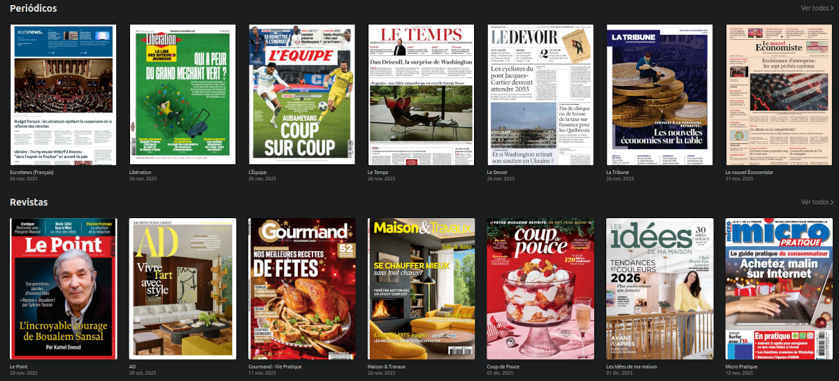 Vista de un carrusel de cabeceras de periódicos y revistas en francés