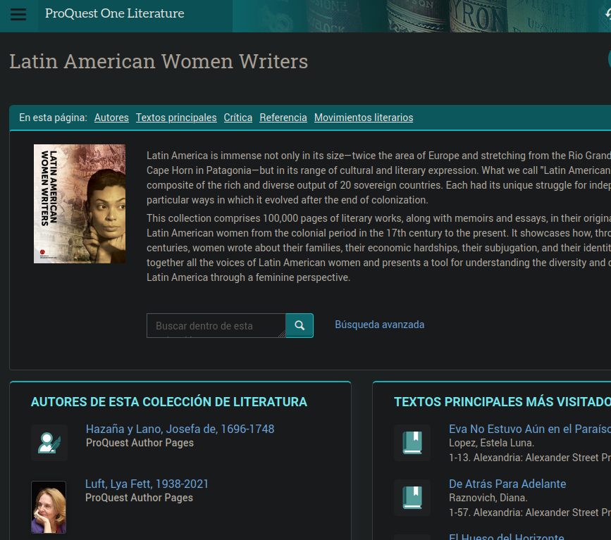 Página de la colección "Latin American Women Writers" del portal ProQuest One Literature