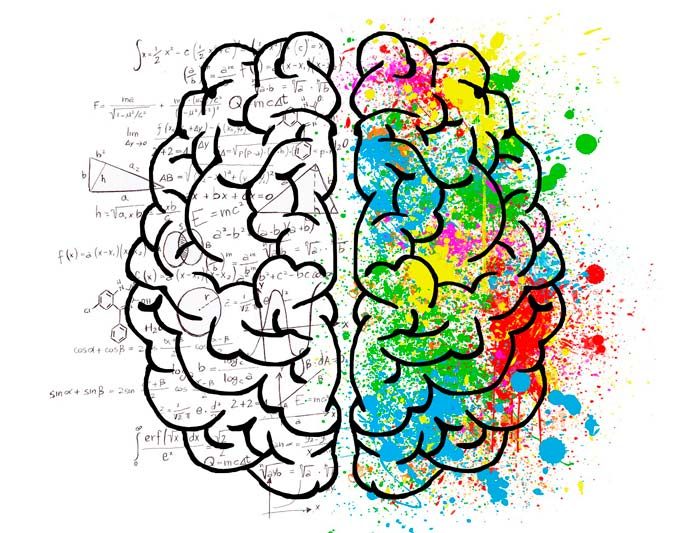 Un cerebro rodeado de manchas de colores y fórmulas matemáticas