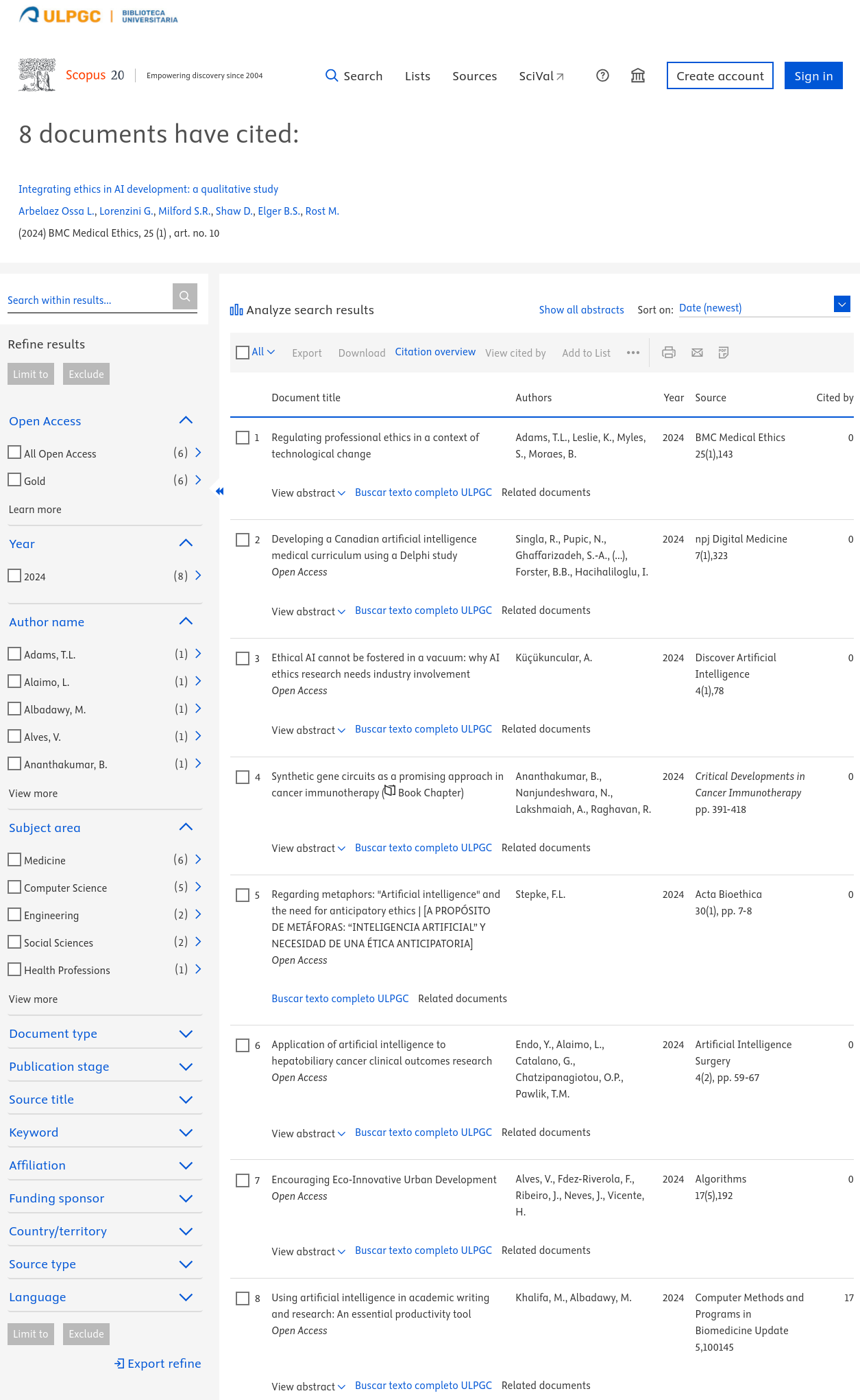 Página de Scopus con lista de 8 documentos citantes de un artículo