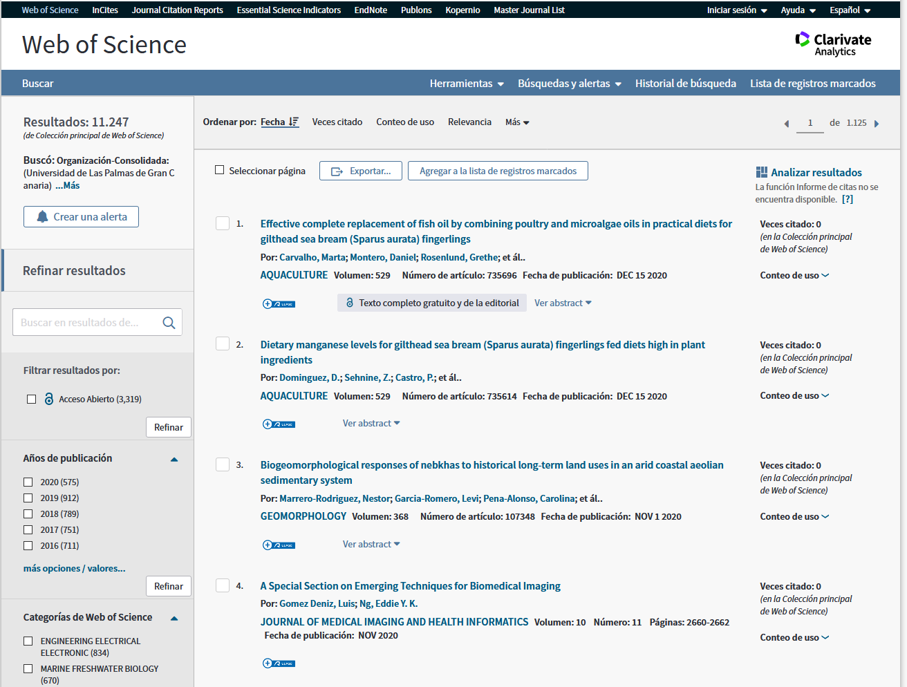 Interfaz de Web of Science