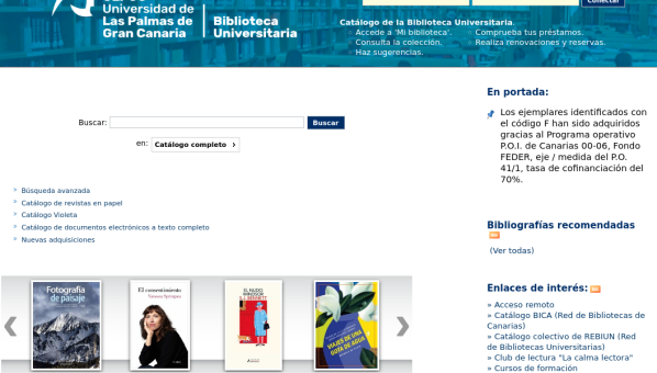 Vista de la portada del catálogo de la Biblioteca ULPGC con el cajetín de búsqueda, los cajetines para identificarse, enlaces y un carrusel de imágenes con las cubiertas de 4 libros.