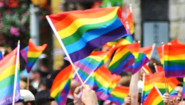 Banderas del arcoiris agitadas en el contexto de una manifestación