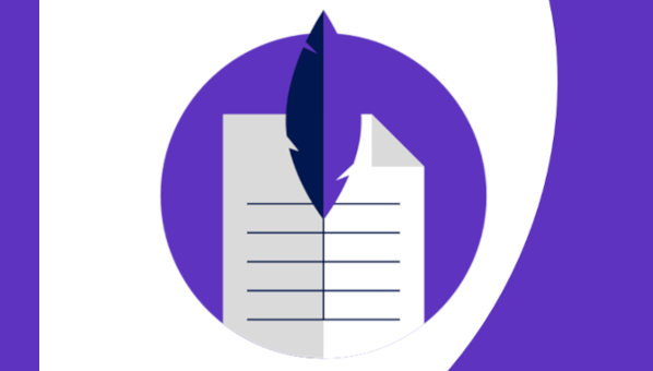 Icono de hoja de papel escrita y de pluma sobre la misma, con los colores lila de Clarivate.