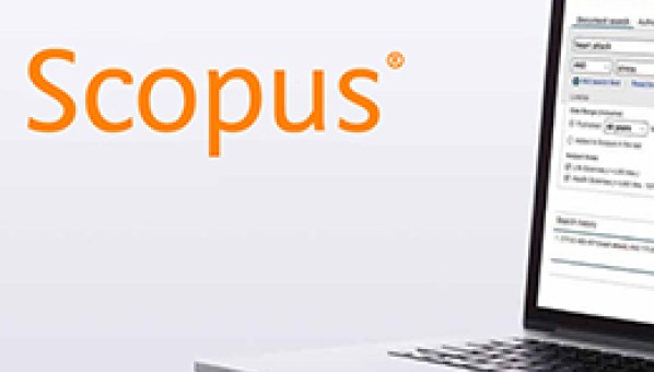 Logo de Scopus frente a un ordenador portátil con la pantalla de búsqueda de Scopus