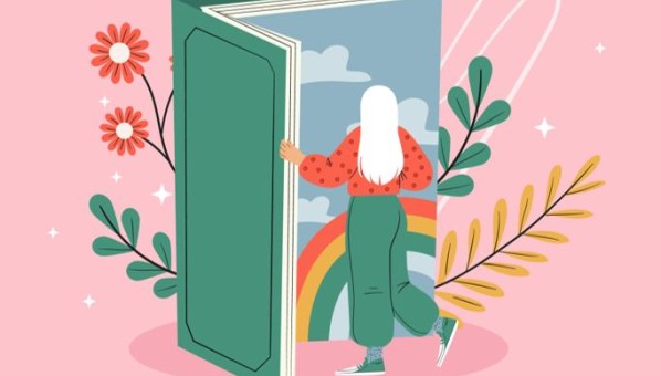Ilustración de una mujer entrando a un libro abierto